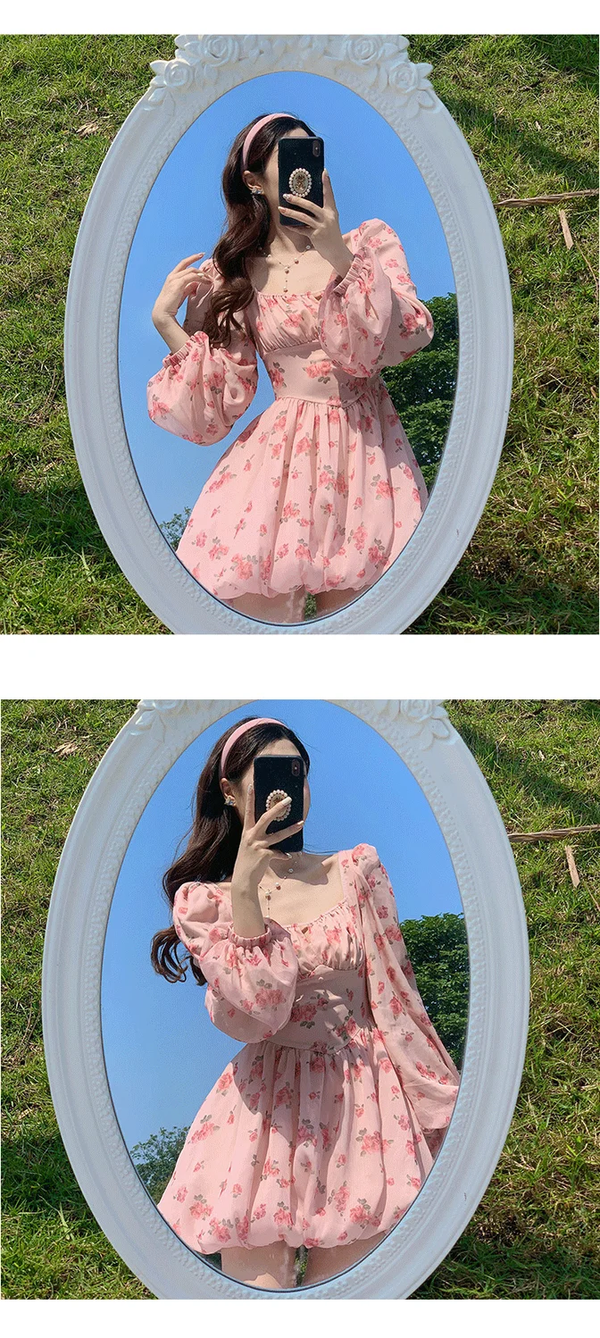 ワンピース Gyeong : 24SS / Mini Puff Dress (2colors) Korean Style Solid Mini Dress Women Long Sleeve Square