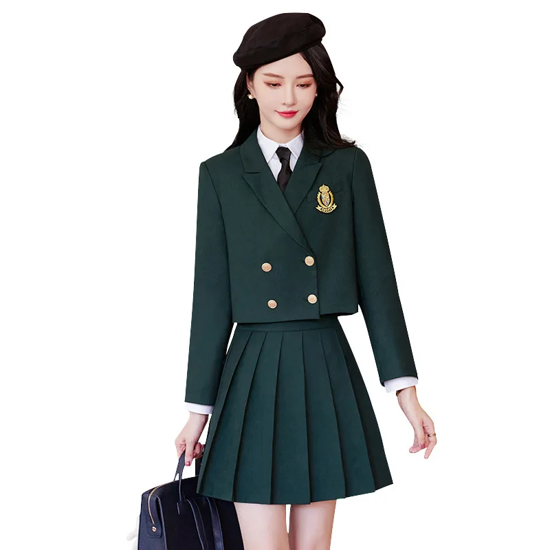 

High Quality College Style Women's Blazer Skirt 2 Piece Set 2022 High-end Ladies Cropped Jacket Suit High Waist Pleated Skirt