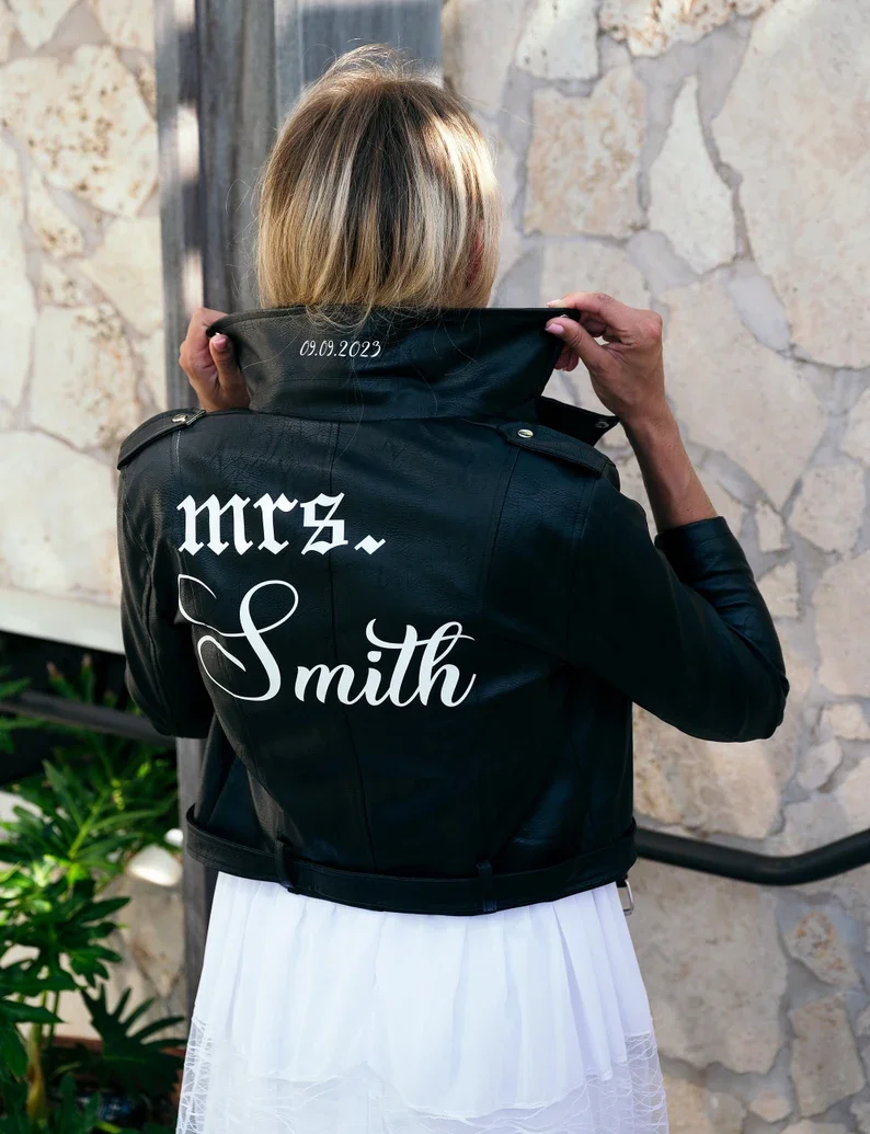 Mrs Custom Faux Leather Jacket Bride Leather Wedding Mrs and Mr Jackets Anniversary Honeymoon Gift Groom Matching Valentine Coat