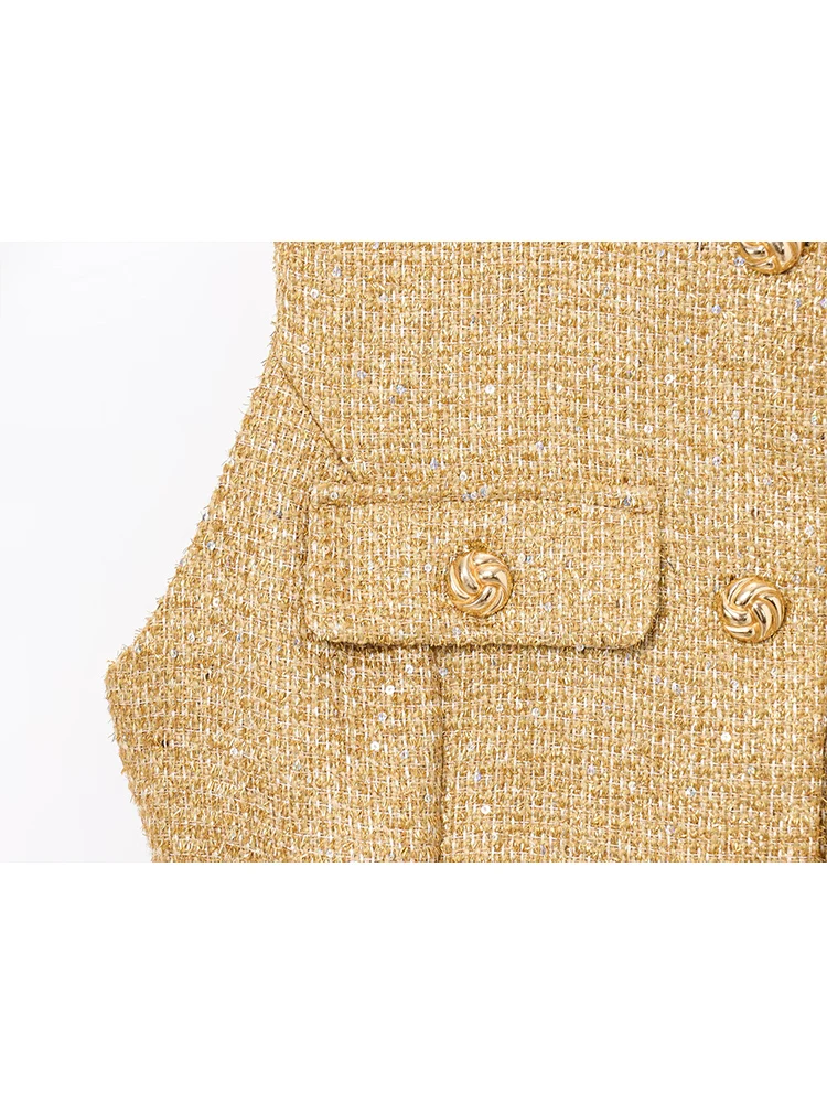 TFMLN New Women Sequin Tweed Vest With Belt Vintage Fashion O Neck Single Breasted 2025 Spring Sleeveless Waistcoat Chic Tops