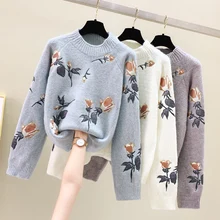 

Winter Flower Embroidery Sweaters Women Wool O-Neck Warm Knitted Pullovers Thick Long Sleeve Loose Jumper Female White Blue