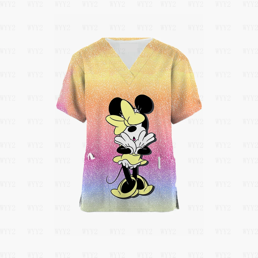 

Printed Nursing Gown Women's Casual V Neck Nursing Tops Cartoon Disney Mickey Minnie Printed Shirt Coveralls Nurse Uniform