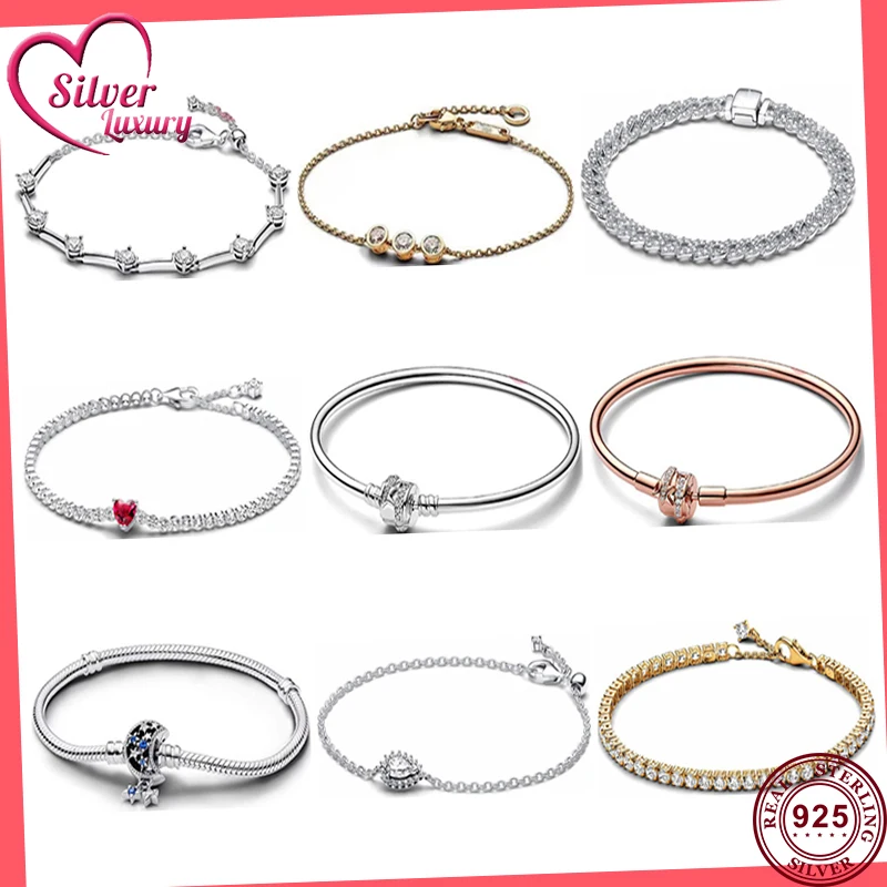 

2023 New Christmas Gift S925 Sterling Silver Stapled Chain Shining Heart Tennis Women's Bracelet Luxury Fashion Jewelry