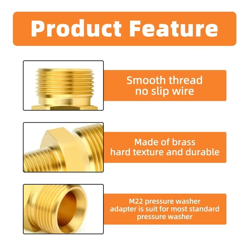 Brass Pressure Washer Coupling Adapter M22-14mm Male to 3/8 and 1/4 Connector M22 Pressure Washer Hose Adapter Fitting 4500 PSI 4