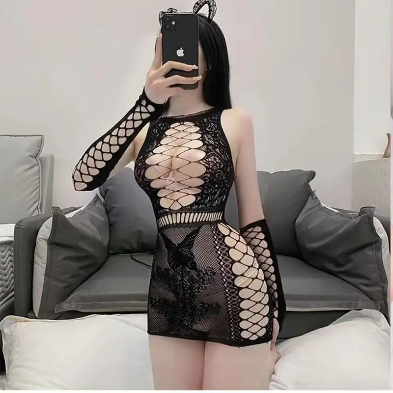 

Women Sexy Costume Mesh Tights Underwear Uniforms Nightdress Whith Sleeve