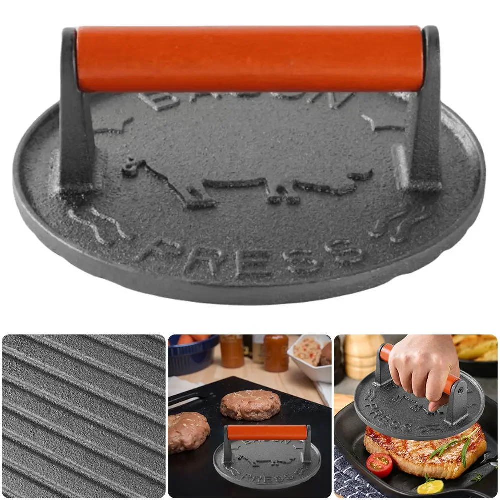 Cast Iron Burger Press Heavy-Duty Patty Maker Wooden Handle Burger Meat Press Mold 7.09 in Anti Scald for Griddle Grills