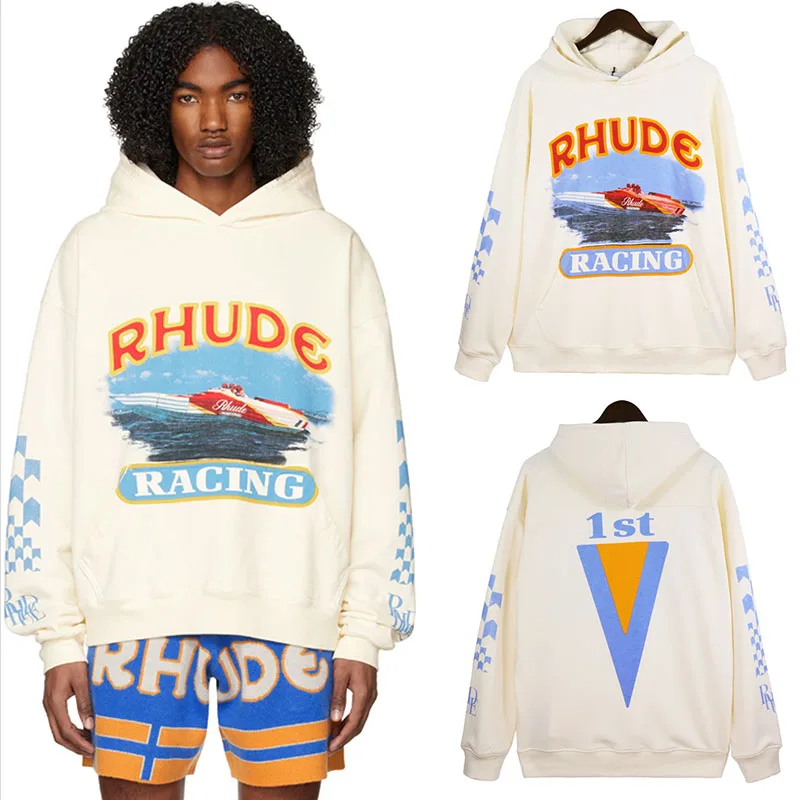 

Rhdue Oversized Hoodies Men Women Racing Speedboat Printing Pure Cotton Hooded Pullovers