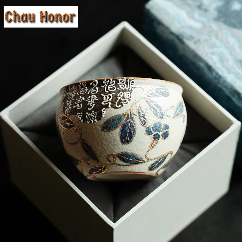 160ml Blue And White Flint Red Teacup Handmade Gold Drawing Branch Lotus Tea Bowl Zen Coffee Mug Smelling Cup Water Jug Teaware