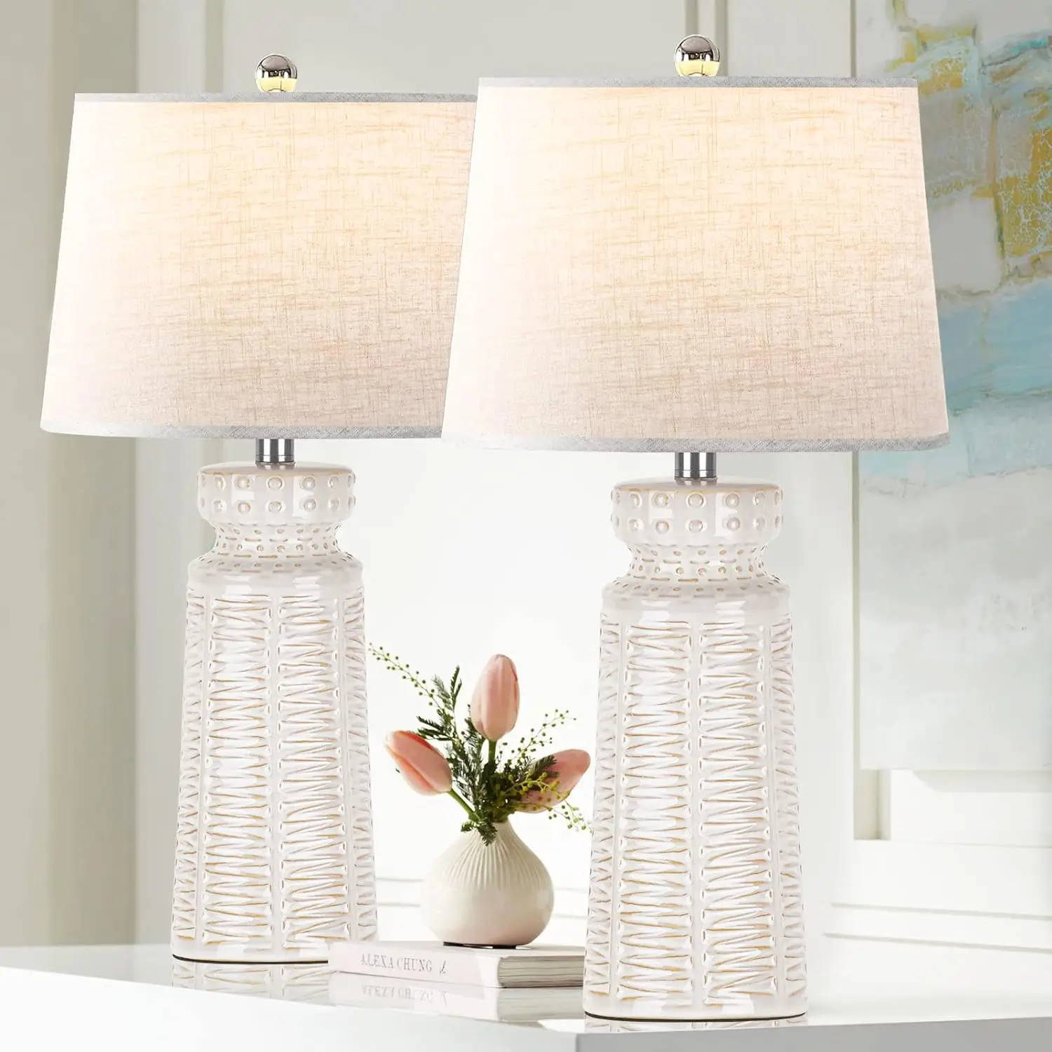 

Lamps for Living Room Set of 2, 25.5" Coastal Ivory White Ceramic Bedroom Lamp for Nightstand, 3-Color Temperature Modern Be