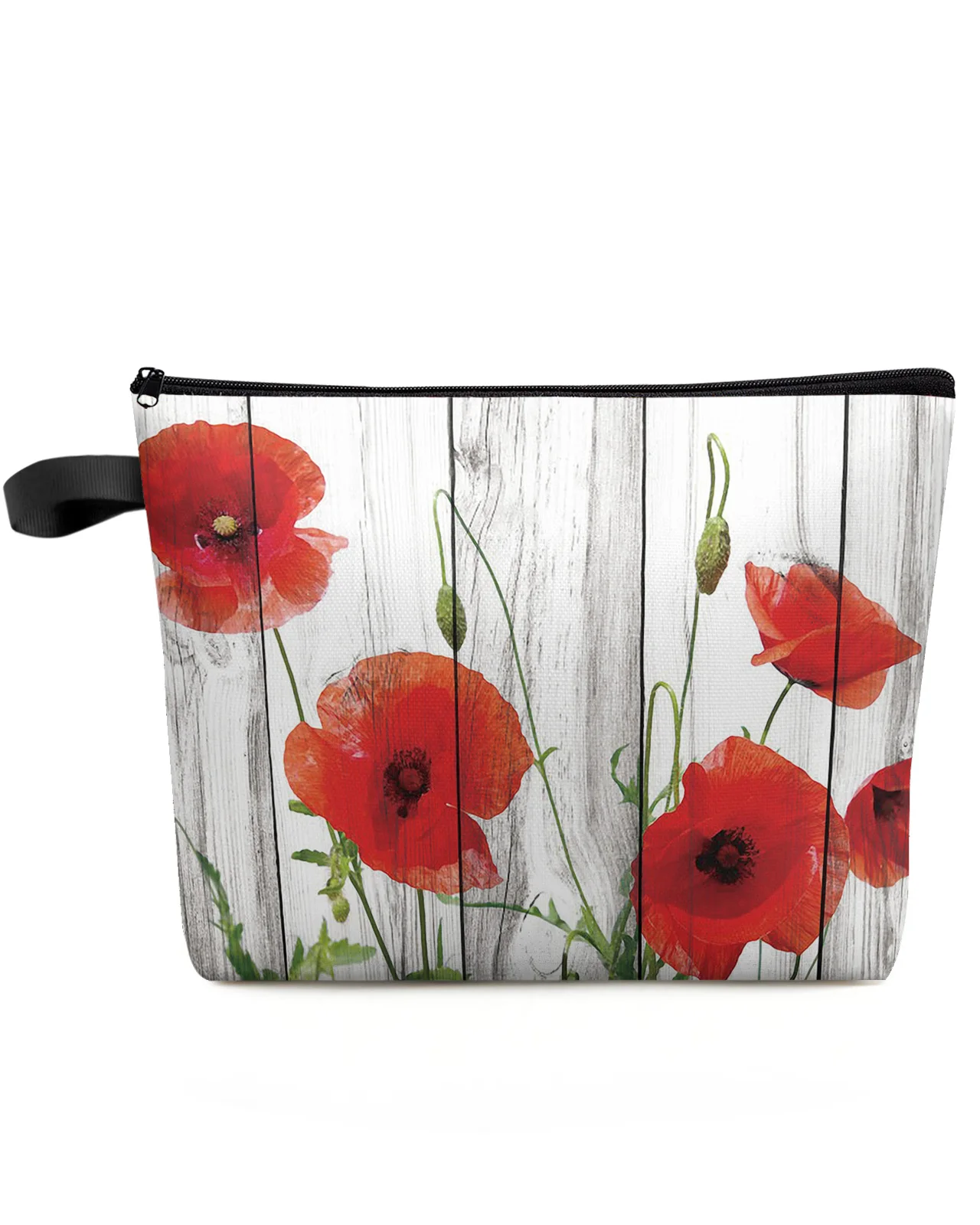 Vintage Wood Red Flowers Poppy Borsa Cosmetica Da Viaggio Di Grande Capacità Custodia Per Trucco Portatile Astuccio Impermeabile Da Donna