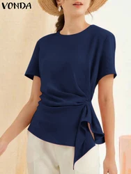 VONDA Summer Blouses Elegant Casual Solid Color Women Shirts 2024 Pleated Tunic Tops Loose Short Sleeve Twistted Blusas Feminina