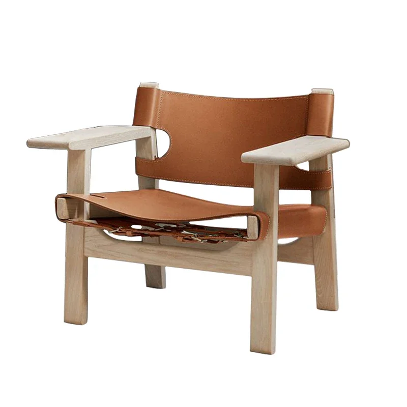 Chaise de Salon Simple en Cuir et Bois Massif, Fauteuil de Loisirs en Rotin, Mobilier de Maison Styliste, WKLC