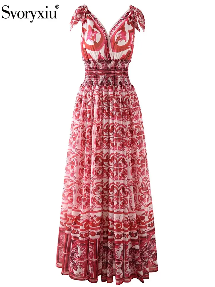 

Женское платье с широкой юбкой Svoryxiu, разноцветное элегантное платье на бретелях-спагетти с эластичным поясом и принтом в виде сафлора и фарфора на лето 2019