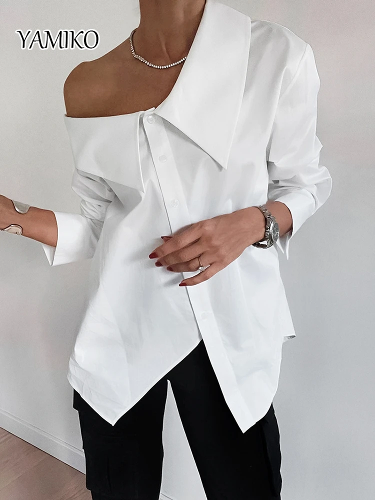 

YAMIKO 2024 Elegant Shoulder Off Long Sleeve Shirts Fashion White Shirts Blouses Women Casual Solid Single Breasted Blouses