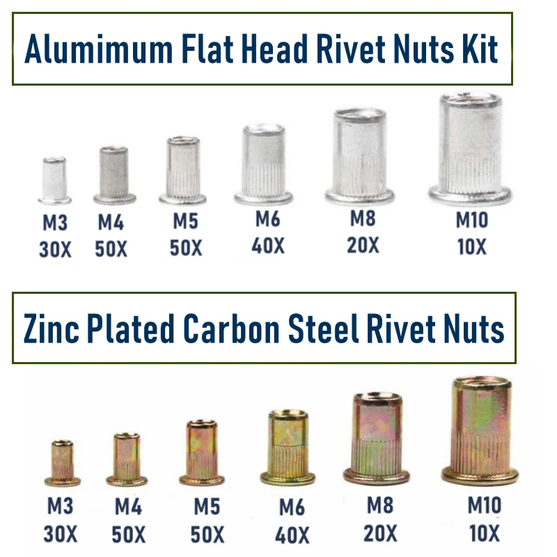 

200PCS /Zinc Plated /Aluminum Alloy M3 M4 M5 M6 M8 M10 Flat Head Rivet Nut Cap Rivet Insert Nutsert Threaded Nut