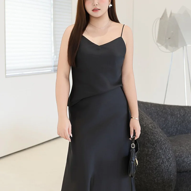 Plus Size Women's Camis Premium Modern Amber Coffee And Black Satin Swing Collar Spaghetti Strap Tops Commuter