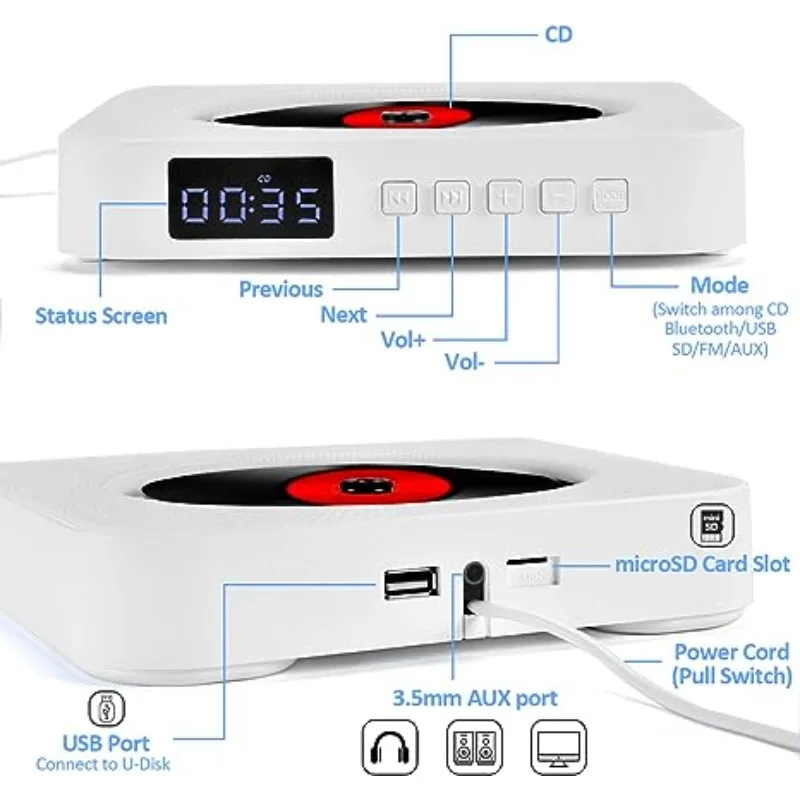 Wooden CD Player Qoosea Wall Mounted with LCD Screen Home Infrared Remote CD/Bluetooth/FM/USB