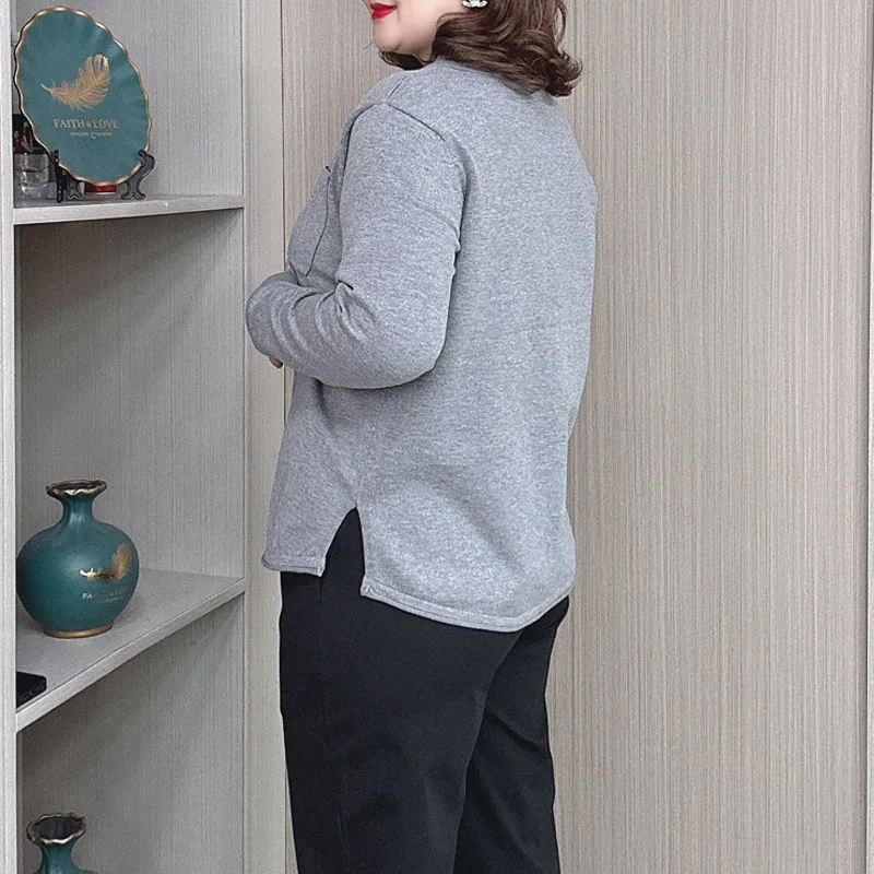 2024 Autumn Winter New Lapel Knitted Cardigan Women Plus Size Loose Jumpers Casual Embroidered Pocket Sweater 4045