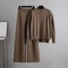 Women Knitwear Sets Patchwork 2 Piece Set Long Sleeve Round Neck Side Slit Sweater Elastic Waist Wide Leg Pants Winter Outfits 4