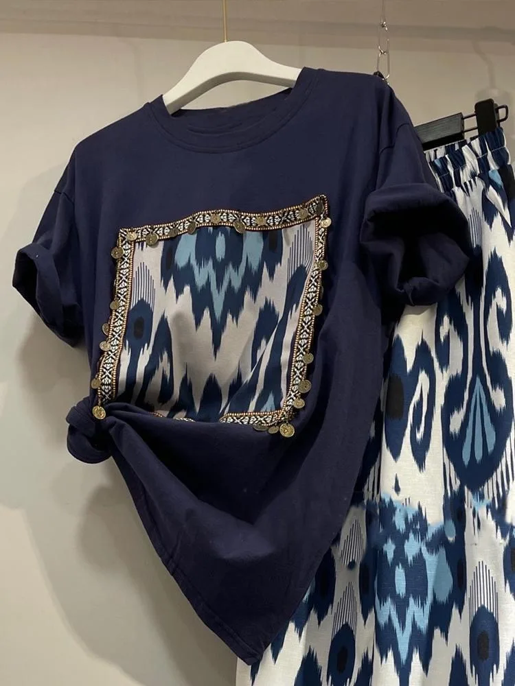 High Waist Wide Leg Pants Floral Print ort Sve T-irt Women's Summer Casual Loose Faionable Two-Piece Set Trendy