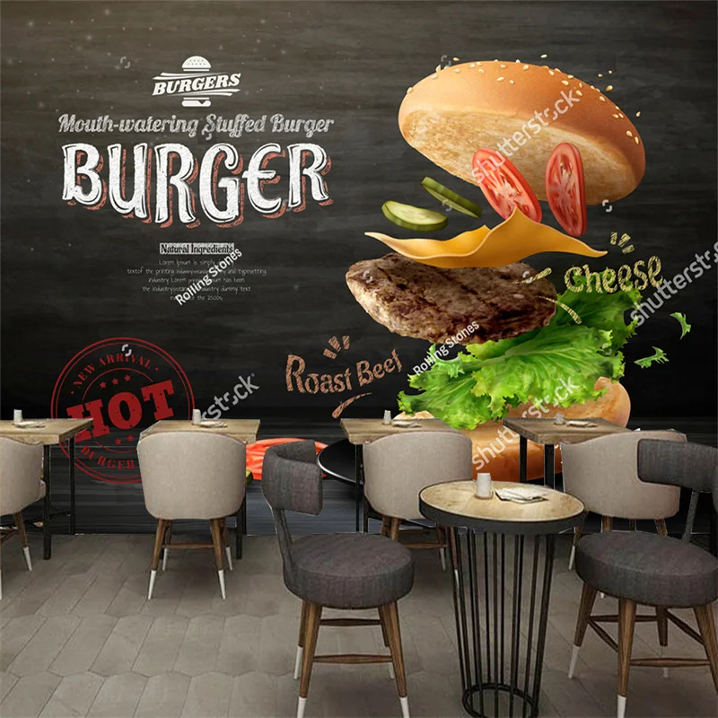 

Custom Blackboard Burger Fast Food Wallpaper Industrial Decoration Mural Restaurant Snack Bar Dining Table Background Wall