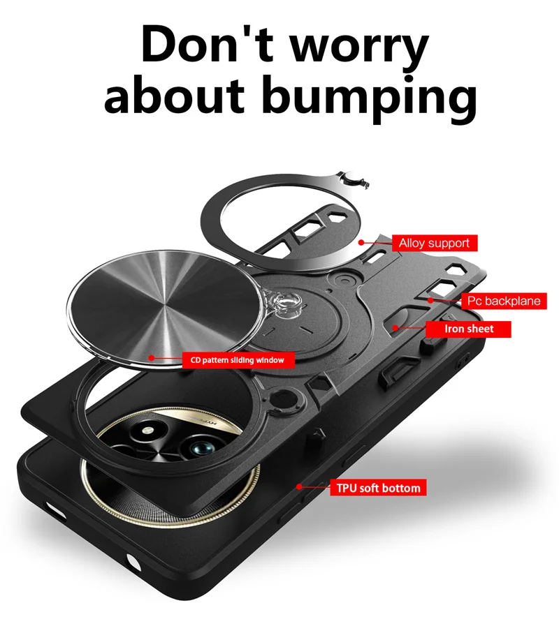 Shockproof Armor Case with Slide Lens Protection and Ring Holder