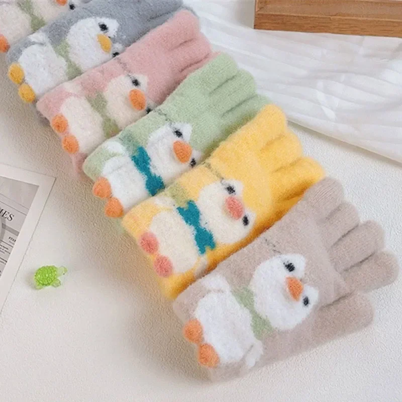 3-7Y Cartoon Penguin Children Gloves Autumn Winter Cute Warm Knitted Five Finger Girls Students Mittens Boys Kids Riding Gloves