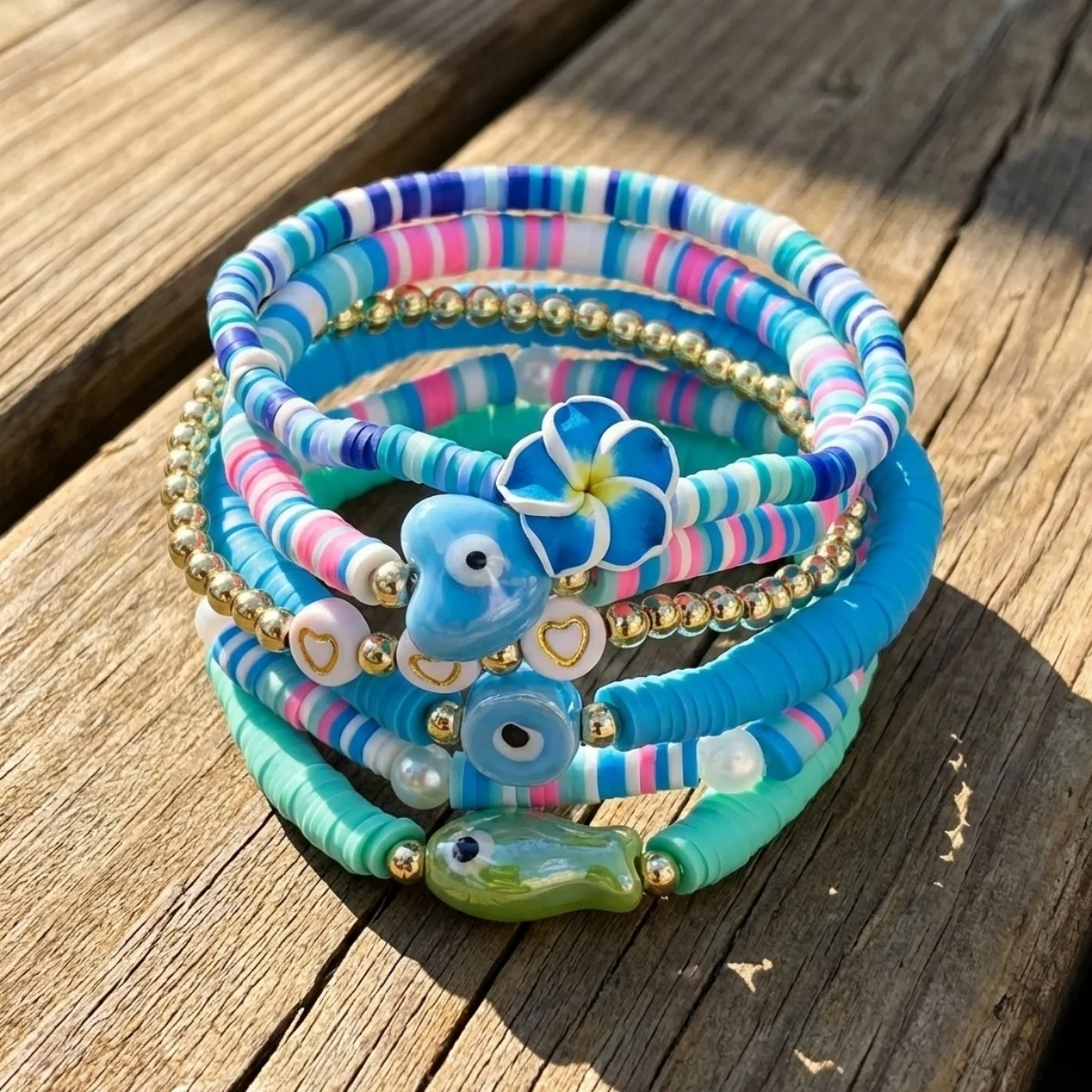Weiche Polymer-Ton-Blumen-Keramik-Fisch-Herz-Böser-Blick-Armbänder für Damen und Herren – Sommerliche florale gestapelte Armreifen für Strandurlaub und Schmuck – Detail 14