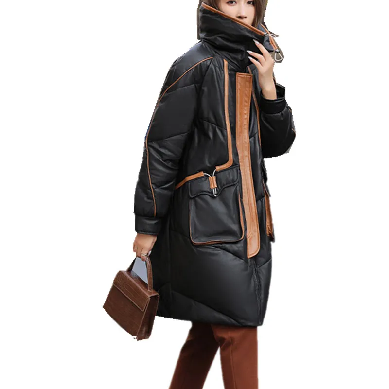 Women's Leather Down Jacket, Warm Sheepskin Coat, Medium Length, Profile Genuine Coat, Fashion Color Contrast Coat, Winter men s clothing women s jacket down jacket medium length couple warm solid color coat winter overalls coat hooded overcoat