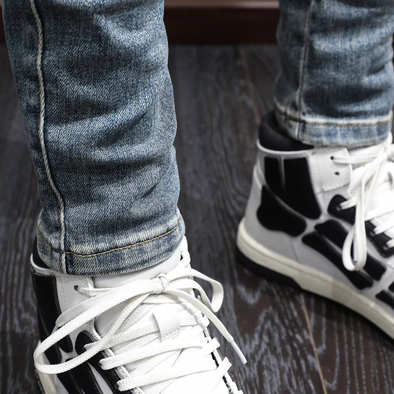 High Street Fashion Men Jeans Retro Washed Blue Elastic Slim Fit Spliced Biker Jeans Men Zipper Designer Hip Hop Pants Hombre