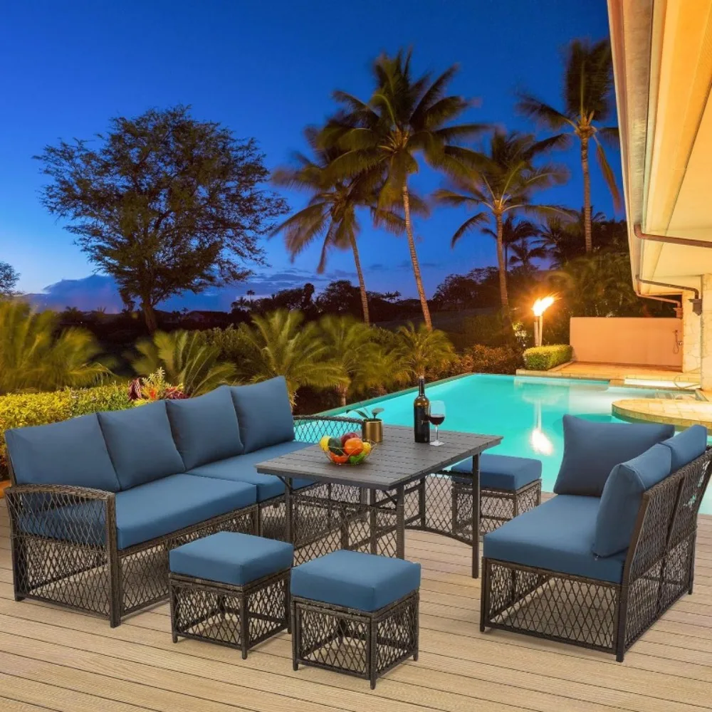 Patio Furniture Set 7 Pieces Wicker Outdoor Sectional Sofa High Table Chairs PE Rattan Conversation Dining Set