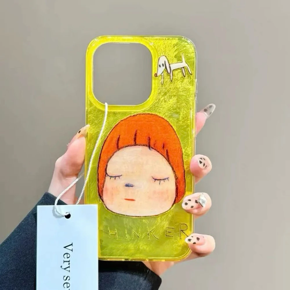 Sitting Girl Illustration Case with Red Background and Feather Texture