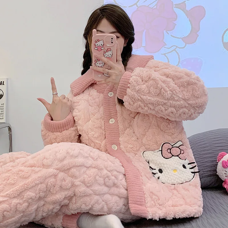 

2PCS Sanrio Hello Kitty Cinnamoroll Cute Thickened Warm Nightgown Winter Homewear Soft Pyjamas Sleepwear Suit Women'S Home Set