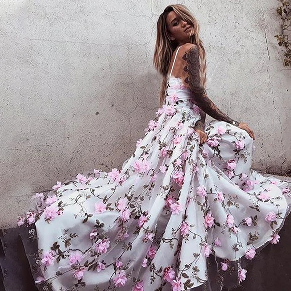 

Spaghetti Strapls Blossom Garden 3D Flowers Holidays Dress A Line V Neck Maxi Full Length Pink Prom Backless Homecoming Gowns