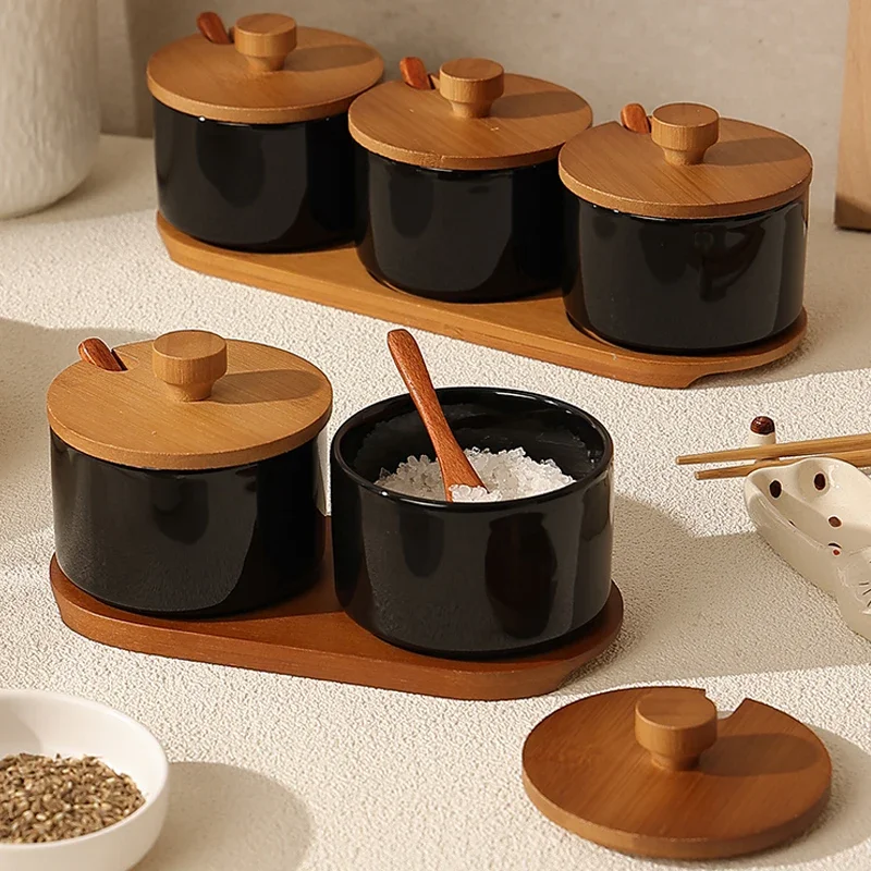 Japanese Vintage Seasoning Jar Three-piece Kitchen Salt MSG Storage Jar Ceramic Household Chili Tank Spoon Kitchen Utensils