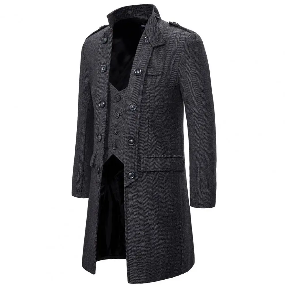 Men Trench Coat Striped Slim Fit Windproof Mid-length Overcoat Autumn Winter Fake Two Piece Outwear Coat Men Coldproof Overcoat