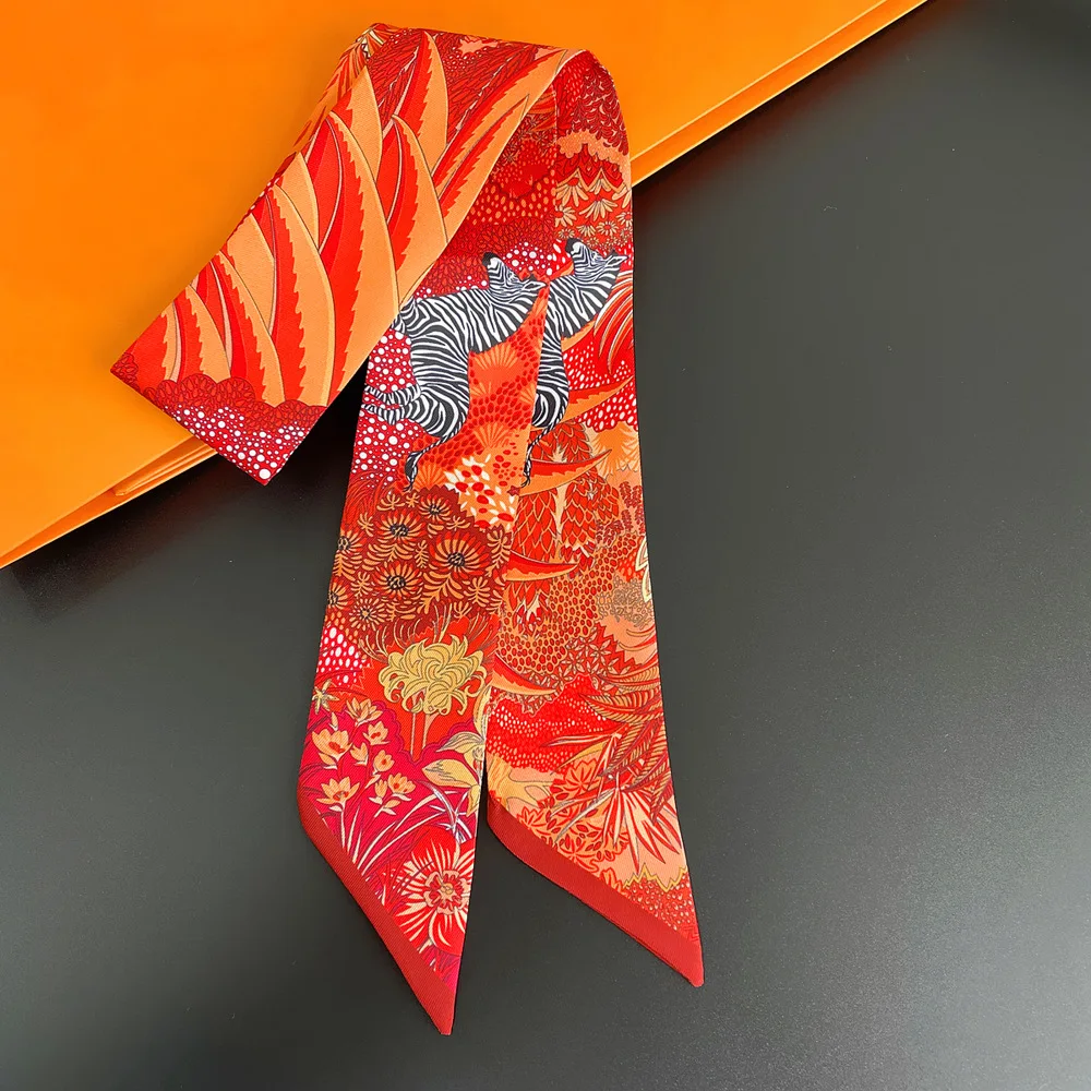 Koreanischen Stil Botanische Dschungel Pferd Druck Twill Seidenschal frauen Lange Streifen Band Haarband Krawatte Zubehör – Detail 8