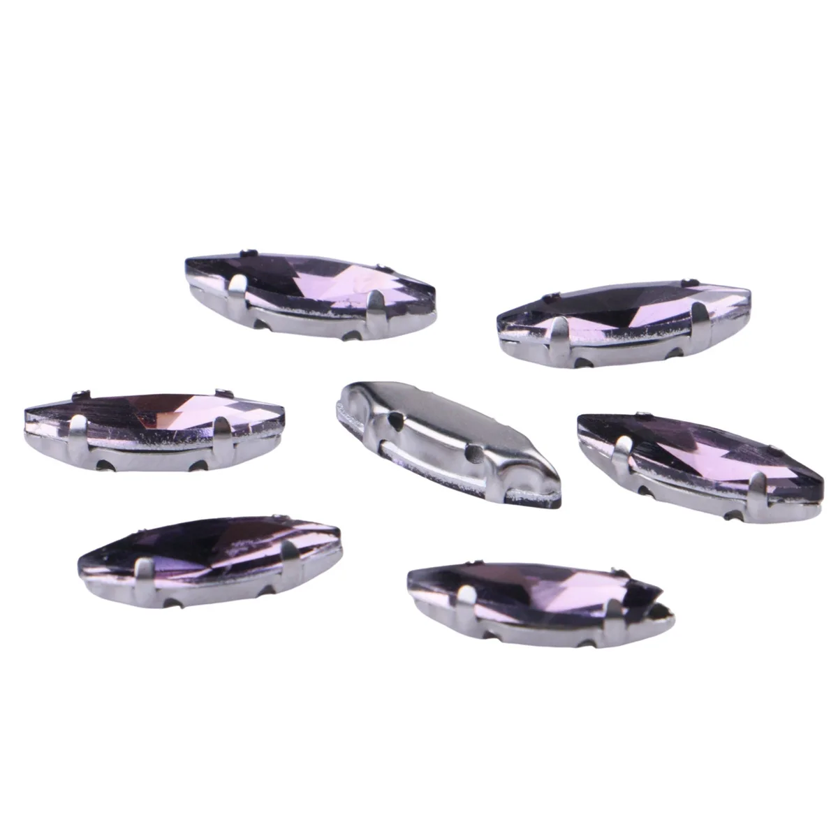 Pack of 20 Glass Sew-On Rhinestones with Claw Setting - Horse Eye Shape on Silver Metal Base