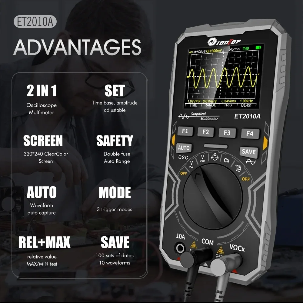 TOOLTOP ET2010A 2 in 1 Digital Oscilloscope Multimeter 1MHz 2.5MSps Laboratory Oscilloscope Electrical Repair Oscilloscope 3