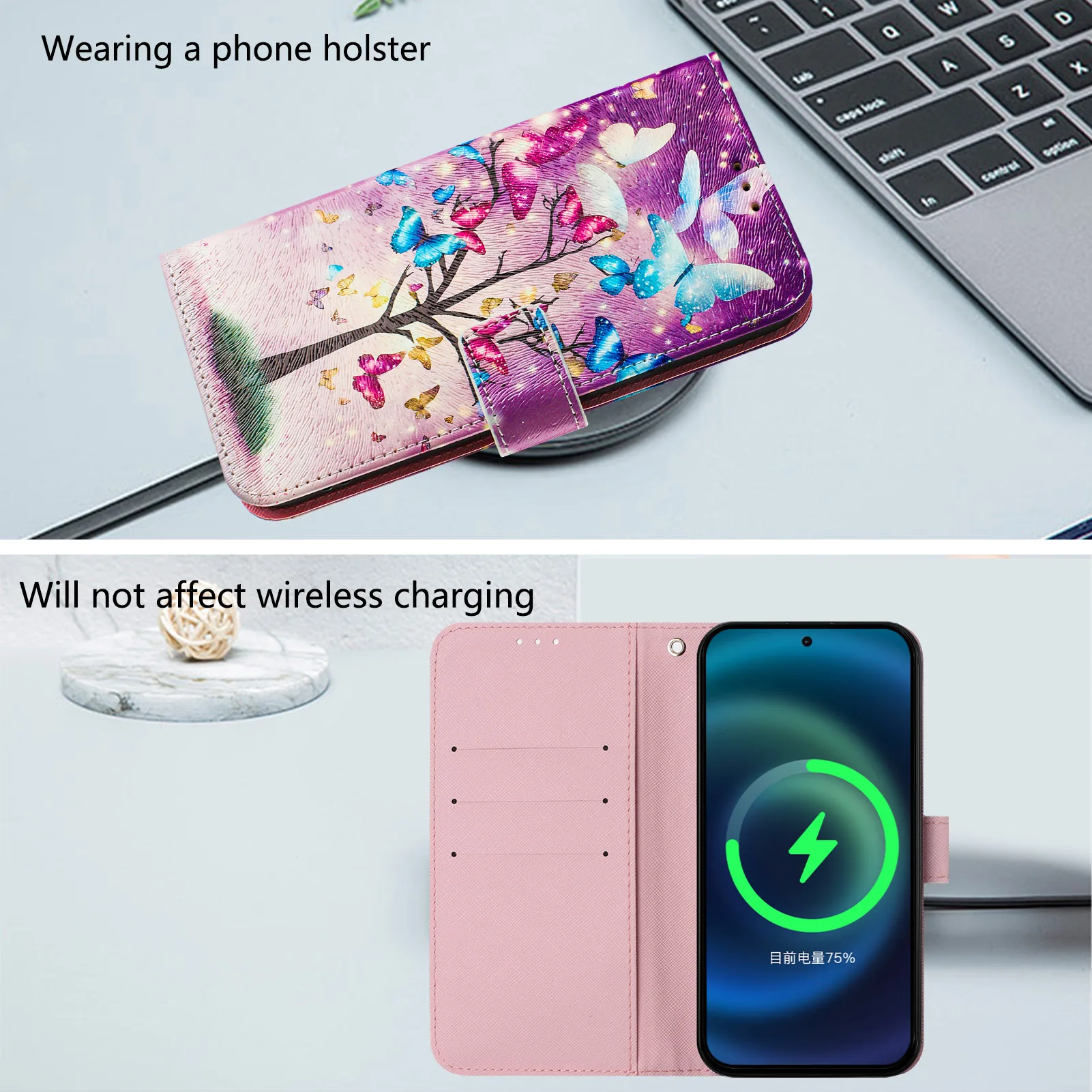 Flip Leather Case: Cute Cat & Flower Wallet Phone Cover with Card Stand