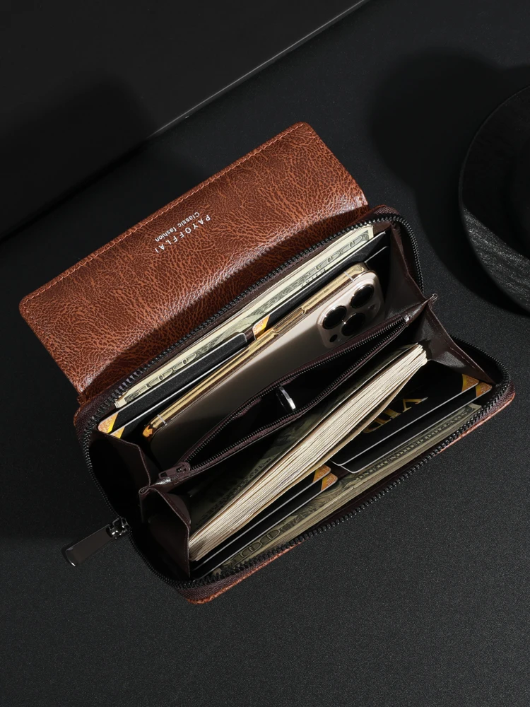 Men's Leather Wallet PU Zipper Handbag Large Capacity Long Wallet Clutch Bag Phone Bag Multi Card Card Holder Coin Purse Double Layer