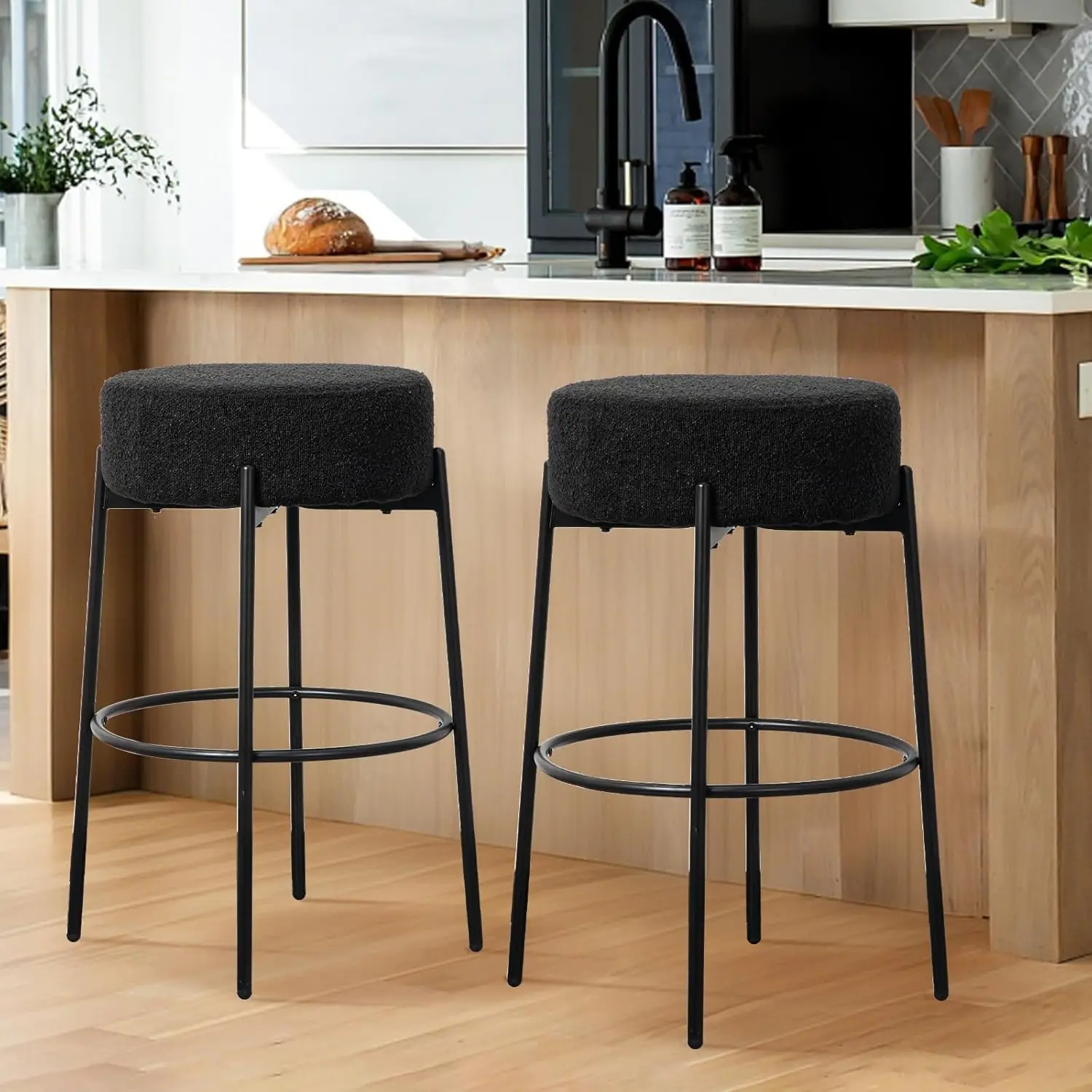 Modern Bar Stools Set of 2, 30" Sherpa Counter Height Stools with Round Soft Padded Boucle Backless Seat