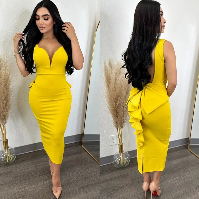 thumbnail image 1 of Vestidos sexis ajustados midi con escote en V pronunciado, espalda descubierta, lazo y volantes para mujer, vestidos elegantes para fiestas nocturnas, vestidos de fiesta de celebridades para discoteca, 1 of 4