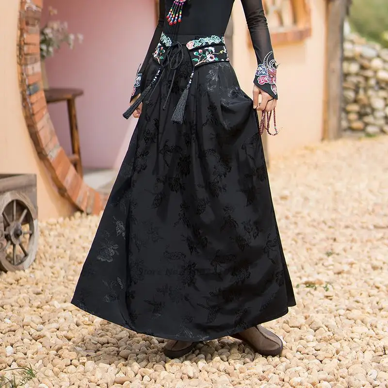

2024 national style harajuku vintage flower embroidered women skirt midi elastic waist casual loose skirt oriental vintage skirt