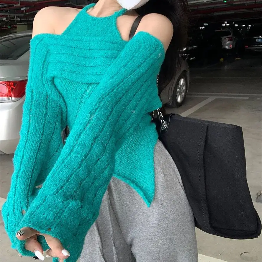 

Hsa Slim Waist Split Top Sexy Hot Girl Off Shoulder 2 pcs Long Sleeve Autumn Fashion JumperHarajuku Streetwear Casual Pullovers