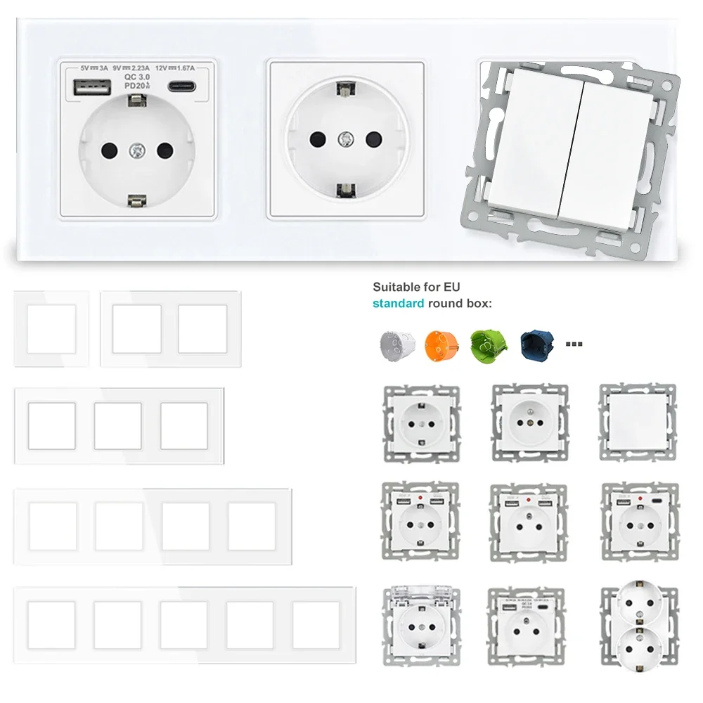 SRAN F6 Series หลายกรอบแผงกระจกนิรภัยสีขาว,EU FR UN ซ็อกเก็ตและสวิทช์ Dimmer พัดลมเท้าโคมไฟ Rj45 โมดูล DIY 1