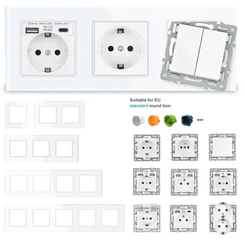 SRAN F6 Series หลายกรอบแผงกระจกนิรภัยสีขาว,EU FR UN ซ็อกเก็ตและสวิทช์ Dimmer พัดลมเท้าโคมไฟ Rj45 โมดูล DIY 1