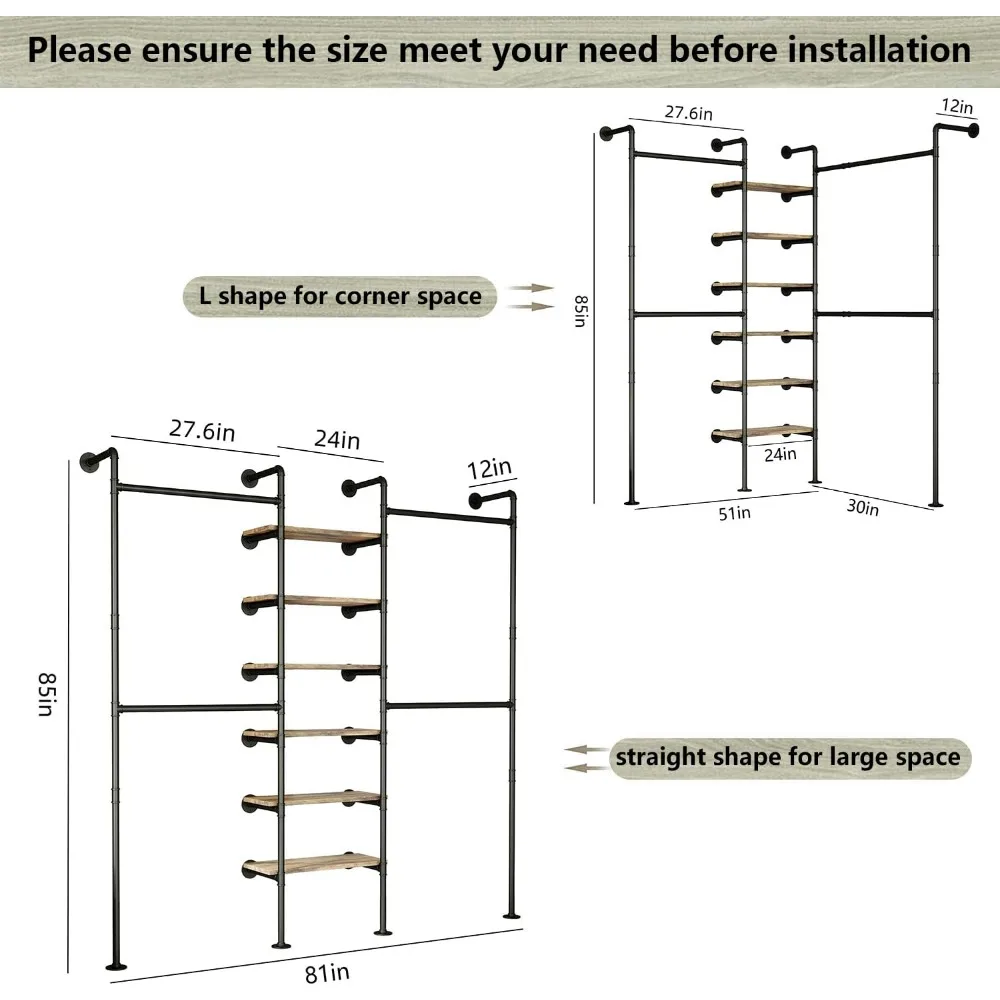 Industrial Pipe Clothes Rack, D&Eacute;COR Wall Mounted Clothing Rack, for Walk-in Wardrobe Multi-Purpose Storage Clothes Hanging Shelf