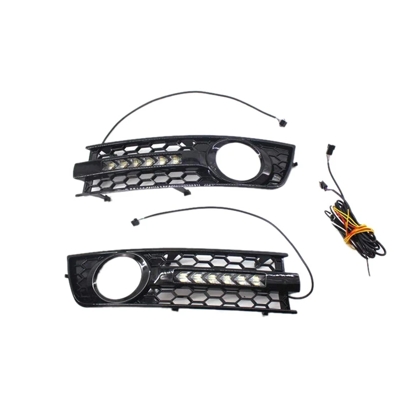 

2Pcs Car Front Fog Light Grille Flowing LED DRL Daytime Running Light Turn Signal Lamp Mesh Cover Grilles for Audi A4 B6 01-05