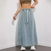 DongCMY Women's Denim Long Skirts Elastic Waist Loose Solid Color High Waist Big Skirt Denim Skirt Women Casual Dress Streetwear - Image 5